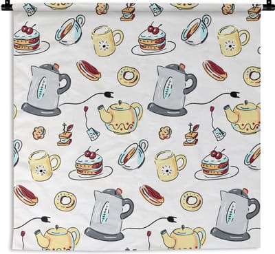 Wandkleed - Wanddoek - Patronen - Thee - Taart - High tea - 90x90 cm - Wandtapijt