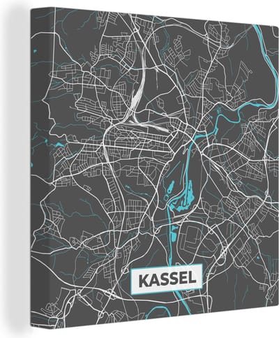 Canvas Schilderij Plattegrond – Kassel – Blauw – Stadskaart – Kaart - Duitsland - 20x20 cm - Wanddecoratie