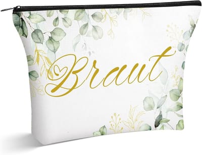 Make-up Tas voor de Bruid - Perfecte Cadeau voor Huwelijk en Verloving - Canvas Reis Make-up Tas - 23x15cm, Wit, Eucalyptus Design, Bruidsfeest Accessoire