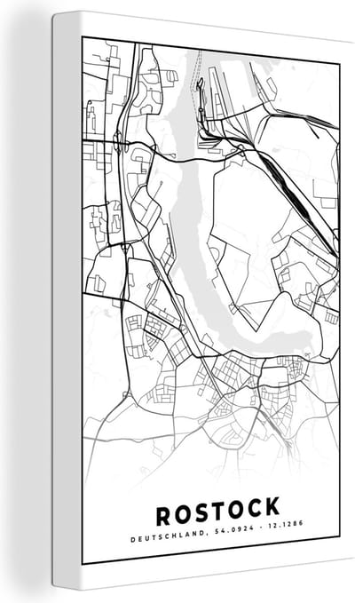 Canvas Schilderij Plattegrond - Stadskaart - Rostock - Kaart - 20x30 cm - Wanddecoratie