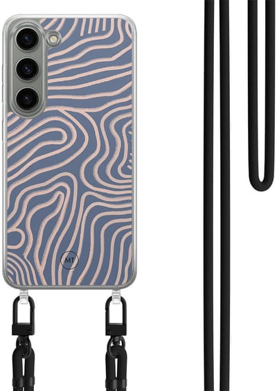 Hoesje met koord geschikt voor Samsung Galaxy S23 - Flowing lines - Inclusief Zwart koord - Crossbody beschermhoes - Transparant, Paars - Mooie Telefoonhoesjes