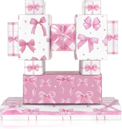 Roze inpakpapier met lint - 6 vellen geruit geschenkpapier voor Valentijnsdag, bruiloft, verjaardag en babyborrel, perfect voor meisjes en vrouwen