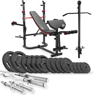 Hop-Sport HS-1065 – Halterbank Set – Gietijzeren Halterset 76 kg – Krachttraining Thuis
