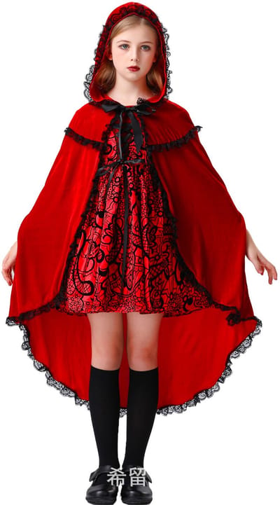 Halloween Cosplay Kostuum - Gotische Jurk met Cape - Roodkapje Podiumkostuum - Feestelijke Verkleedset - Geschikt voor Kinderen Rond 120cm - Meisjes Feest Cosplay Maskerade Carnaval Kostuum Feestkostuum