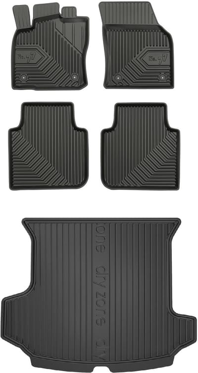 FROGUM - Voordeelset No.77 & DRY ZONE - Geschikt voor SKODA Kodiaq I (2016-2024) - 7-persoons - Met zijvakken - Rubberen matten + Kofferbakmat - Zwart