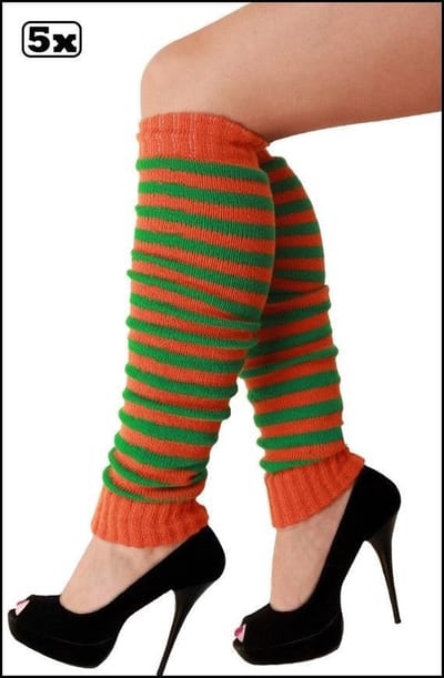 5x Paar Beenwarmers oranje/groen smalle streep