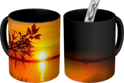 Magische Mok - Foto op Warmte Mokken - Koffiemok - Zonsondergang - Water - Planten - Oranje - Magic Mok - Beker - 350 ML - Theemok