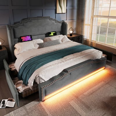VVBV Gestoffeerd bed 140x200 cm met opbergruimte, Tweepersoonsbed met 4 lades, LED verlichting, USB Type C-oplader, Opbergbed volwassen bed met lattenbodem, Fluweel, Retrostijl, Grijs (zonder matras)