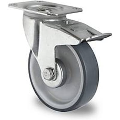 CASCOO zwenkwiel P2V2, met rem, wiel ø 160 mm x B 40 mm, velg polypropyleen, loopvlak elastomeer, grijs, rollager, tot 200 kg