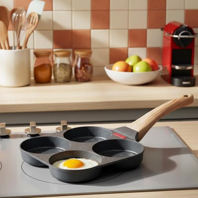 Koekenpan - Omelet Pan - Ontbijt Maken - Vier Kops - 18 x 38 cm - Zwart