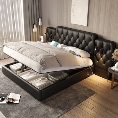 DESMIU Gestoffeerd Bed 160x200cm – Verlengd Hoofdbord Met Leeslampen En USB – Hydraulische Opbergruimte Onder Het Bed – Moderne Slaapkamer – Zwart – Zonder Matras