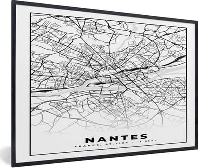 Fotolijst incl. Poster Zwart Wit- Stadskaart - Plattegrond - Nantes - Kaart - Frankrijk - Zwart wit - 60x40 cm - Posterlijst