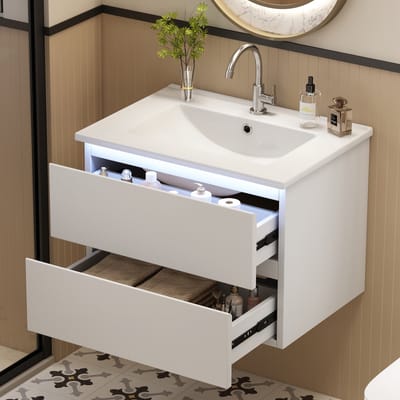 MODFU Wandgemonteerde Wastafelonderkast - Met Sensorverlichting En 2 Lades - Modern - MDF En Keramiek - Wit - 61 x 46 x 45 cm