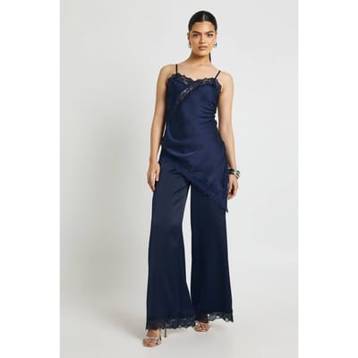 boohoo Dames Satijnen Wijde Broek met Kanten Afwerking | Marineblauw | Maat: 34