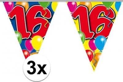 Folat Leeftijd slinger - 3x - 16 jaar - 10 meter - versiering vlaggenlijn / vlaggetjes