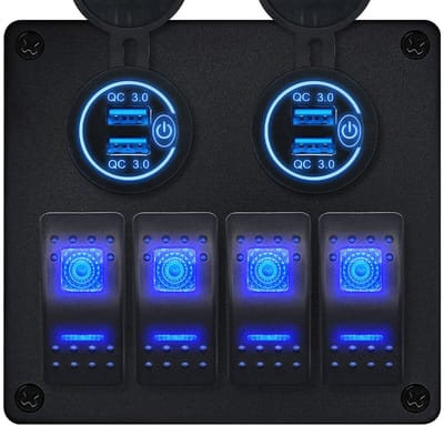 ProRide Schakelpaneel 12V voor Auto/Boot - USB Stopcontact 4 Poorten met Schakelaar - QC3.0 - PUSB1QC-B - 4 schakelaars - Blauw