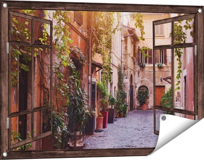 Gards Tuinposter Doorkijk Straatje in Rome met Groene Planten - 90x60 cm - Tuindoek - Tuindecoratie - Wanddecoratie buiten - Tuinschilderij