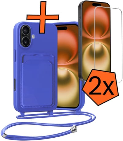 Hoesje Geschikt voor iPhone 16 Plus Hoesje Met Telefoonketting Pasjeshouder Case Met 2x Screenprotector Koord - Hoesje Geschikt voor iPhone 16 Plus Hoes Met Kaarthouder - Felblauw