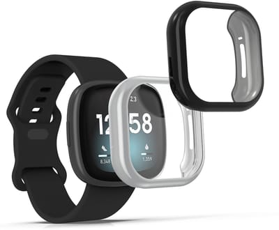 kwmobile 2x smartwatch hoes geschikt voor Fitbit Versa 3 / Sense hoesje - Siliconen sporthorloge cover - Activity tracker case in zwart / zilver