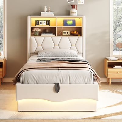 VVBV Kinderbed met Hydraulische Opbergruimte 90x200 cm - LED-Verlichting, App-bediening, USB - Metaal/Linnen Beige