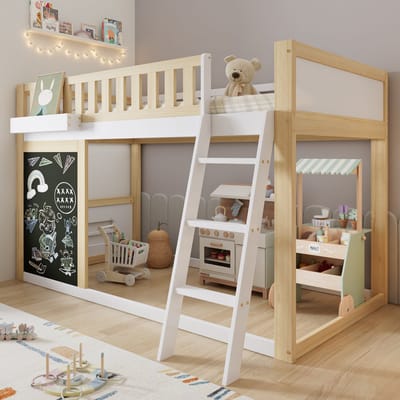 MODENUIT Kinderhoogslaper 90x200 cm – Krijtbord en Opbergbox – Schuine Ladder en Veiligheidshek – Zonder matras – Wit/Naturel