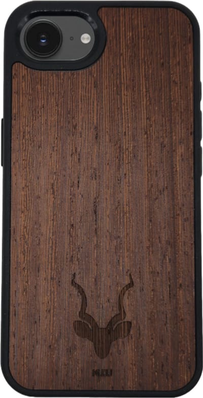 Kudu iPhone 16 e hoesje case - Houten backcover - Handgemaakt en afgewerkt met duurzaam TPU - Wengé - Zwart