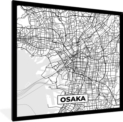 Fotolijst incl. Poster Zwart Wit- Osaka - Stadskaart - Plattegrond - Zwart Wit - Kaart - 40x40 cm - Posterlijst