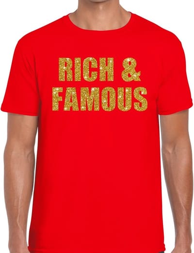 Rich and Famous gouden glitter tekst t-shirt rood heren - heren shirt Rich and Famous S