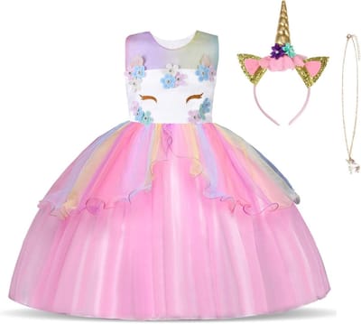 Unicorn Kostuum voor Kinderen, Prinsessenjurk met Sieraden en Hoofdband voor Verjaardagen, Cosplay en Halloween Feesten, Leeftijd 2-10 Jaar