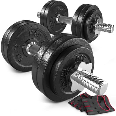 Hop-Sport Gietijzer – Halterset – 30 kg (2 x 15 kg) – Schroefsluiting – Inclusief neopreen handschoenen