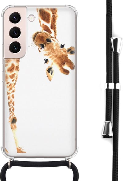Hoesje met koord - Geschikt voor Samsung Galaxy S22 - Giraffe - Verstelbaar zwart koord - Crossbody - Giraffe - Bruin, Transparant - Leuke Telefoonhoesjes