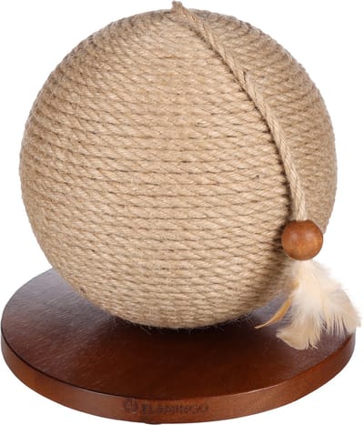 Flamingo kattenspeelgoed - kattenspeelbal Krabbal Estrella Bruin Ø 24,5 cm – Interactieve speelbal met jute krabtouw en veer – Krabspeelgoed kat compact & stijlvol