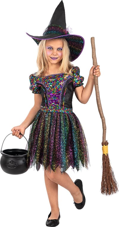 FUNIDELIA Glitter Heks Kostuum voor meisjes - Maat: 122 - 134 cm
