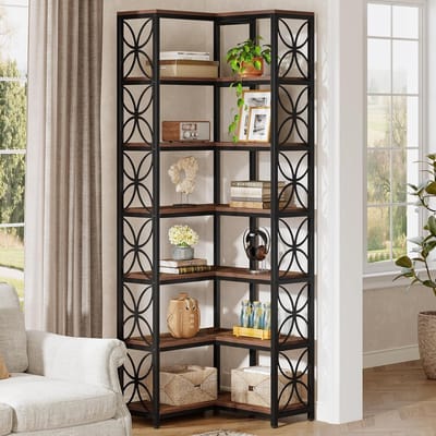Tribesigns Boekenkast - Hoekboekenplank met 7 Planken - 60 x 60 x 200 cm - Boekenplank van Hout en Metaal- Modern Stroomlijn Het Ontwerp - Rustiek Bruin en Zwart