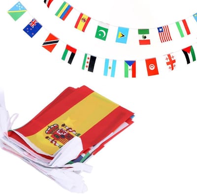 Famanu – Internationale vlaggenslinger, 25 meter met 100 vlaggen, kleurrijk, geschikt voor verjaardagsfeestjes, evenementen, sportdecoratie en tuinfeesten