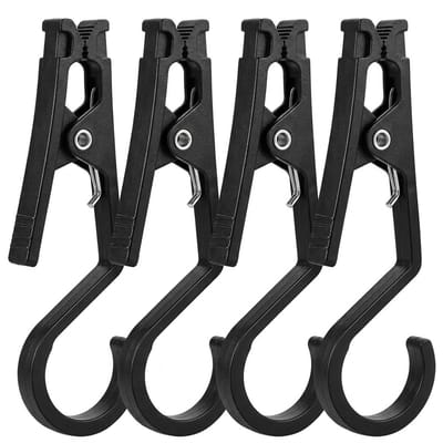 Zwarte ophanghaken voor tent en camping accessoires – 4 stuks lichtgewicht tent clips met haak voor handdoeken, uitrusting en outdoor ophangen tijdens kamperen en reizen