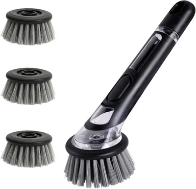 Afwasborstel met 3 reserveborstelkoppen, keukenborstel, vulbare afwasborstel, voor pot, pan, spoelreiniging, multifunctionele vaatborstel (zwart)