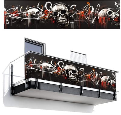 Balkonscherm 500x120 cm - Balkonposter Schedels - Kunst - Donker - Rood - Balkon scherm decoratie - Balkonschermen - Balkondoek zonnescherm