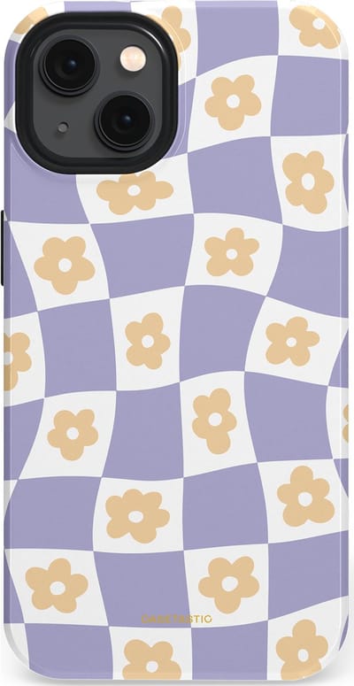 Casetastic hoesje geschikt voor Apple iPhone 13 - MagSafe - Dubbellaagse bescherming - Kronkelende madeliefjes - Fashion Case - Lila Wit Zand Lichtgrijs