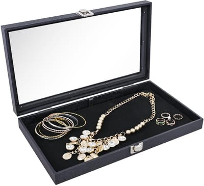 Design Kunstleer houten sieraden vitrine met glazen blad en zwart fluwelen pad, opbergdoos voor thuisorganisatie, houten sieradendienblad voor verzamelobjecten, 37,5 cm B x 21 cm D x 2,13 "H