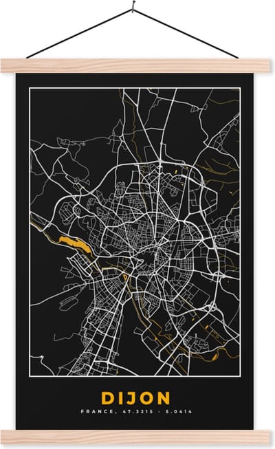 Posterhanger incl. Poster 40x60 cm - Schoolplaat - Frankrijk – Dijon - Plattegrond – Stadskaart - Kaart - Textielposter - Blanke latten - Stadskaart