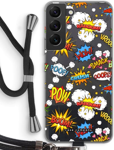 Case Company® - Hoesje met koord geschikt voor Samsung Galaxy S22 hoesje met Koord - Pow Smack - Telefoonhoesje met Zwart Koord - Bescherming aan alle Kanten en Over de Schermrand