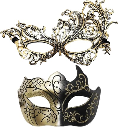 2 Stuks Venetiaans Masker voor Vrouwen en Mannen, Halloween Kostuum Accessoire, Zwart en Goud, Perfect voor Feestjes en Verkleedpartijen