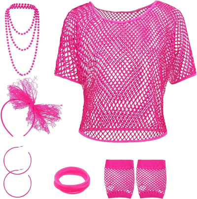 6-delige 80s Retro Kostuum Accessoires Set voor Vrouwen met Hoofdband, Oorbellen en Vissennet Handschoenen voor Themafeesten