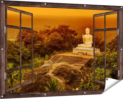 Gards Tuinposter Doorkijk Boeddha Beeld bij een Tempel in het Bos - 150x100 cm - Tuindoek - Tuindecoratie - Wanddecoratie buiten - Tuinschilderij