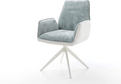 Eetkamerstoel Zoa-Flex kruisframe breed wit materiaalmix echt leer wit-pastelblauw 360° draaibaar rocker-functie pocketveer kern