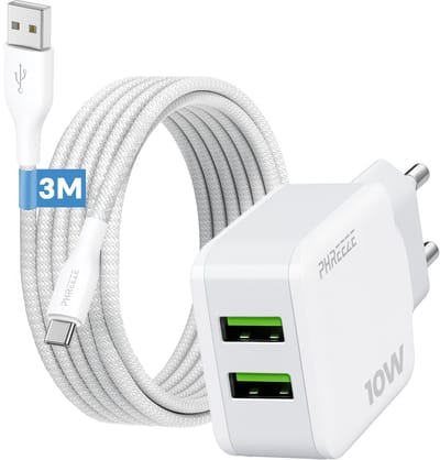 Dubbele usb stekker 10w - Usb naar usb c - Oplaadstekker met 2 usb poorten en usb oplaadkabel 3 meter - Oplader voor smartphone tablet headset speaker