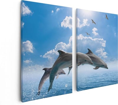 Artaza Canvas Schilderij Tweeluik Dolfijnen Springen uit de Blauwe Zee - 80x60 - Foto Op Canvas - Canvas Print