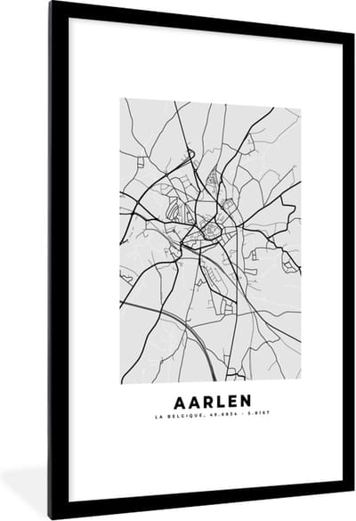 Fotolijst incl. Poster Zwart Wit- Zwart Wit – België – Plattegrond – Stadskaart – Kaart – Aarlen - 80x120 cm - Posterlijst