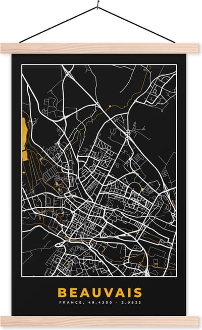 Posterhanger incl. Poster 40x60 cm - Schoolplaat - Kaart – Stadskaart – Beauvais - Frankrijk – Plattegrond - Textielposter - Blanke latten - Stadskaart